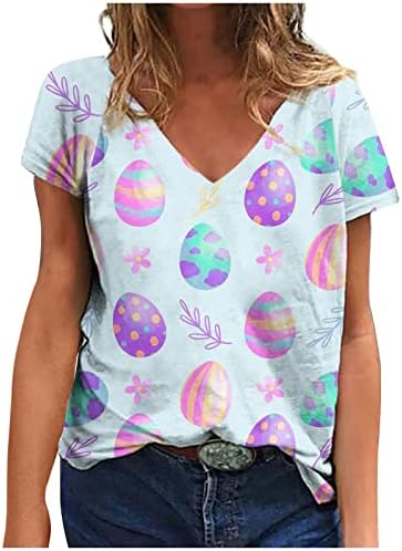 Bluza Tee pentru femei maneca scurta echipajul adânc V gât bumbac Floral grafic Kawaii animal Bunny costume T Shirt 2x