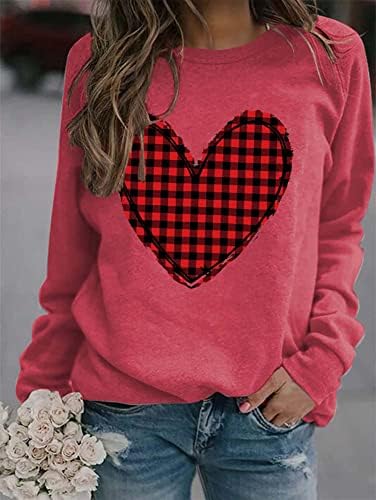Plaid Love Heart Hankeer pentru femei cămașă Ziua Îndrăgostiților Tees Crew Neck Mânecă Lungim Pulovers Top