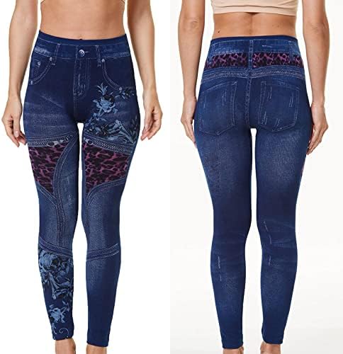 Pantaloni din denim pentru femei Ombmut Blugi falși cu imprimeu floral arată ca niște jambiere de yoga sexy întinse înalte