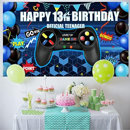 Happy 13th Birthday video game backdrop Banner, Nivel 13 up Birthday Background cu controler de joc Print Gaming Theme pentru
