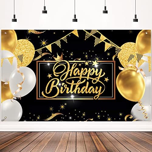 HGH Happy Birthday Backdrive Banner Black And Gold Birthday Party Decorations Sign Poster mare Tesatura sclipici balon focuri