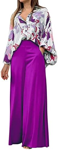 Femei imprimate costum casual cămașă cu rever de dimensiuni mari de dimensiuni mari pantaloni cu talie înaltă cu două piese