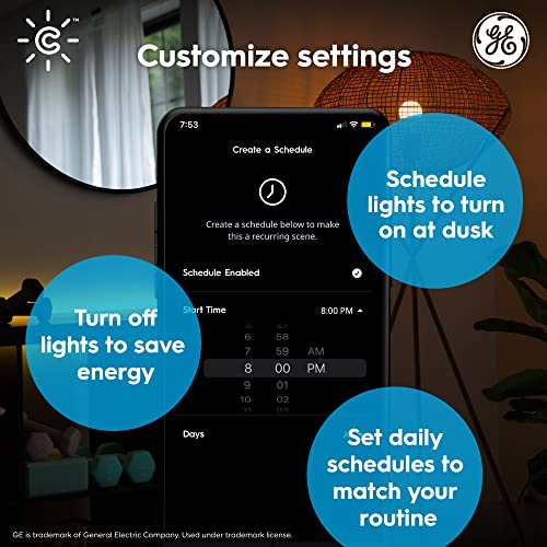 Becuri LED inteligente Ge CYNC + pachet Smart Plug, Becuri A19 Color, Mufă inteligentă pentru interior, Bluetooth și Wi-Fi,