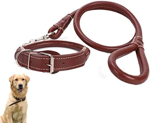 Guler de câine din piele Kakkoi și set de lesă, guler reglabil pentru câini PU cu cataramă cu inel D, lesă moale și durabilă
