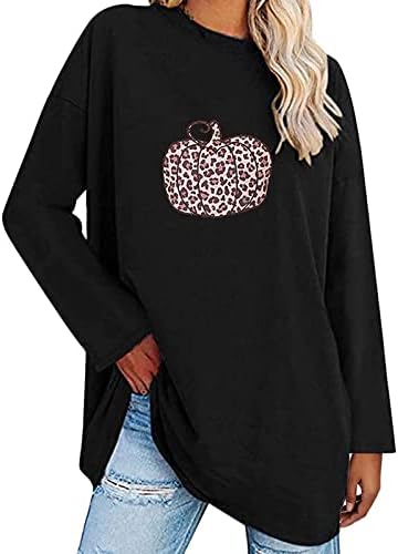 Pumpkin Leopard Print Fit Fit Tees Women cu mânecă cu mânecă lungă festival de gât Halloween Lounge Tops tee fete adolescente yt