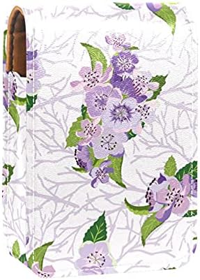 Husă de ruj violet cu flori de piersică pentru călătorii în exterior, Mini Husă cosmetică din piele moale cu oglindă, geantă