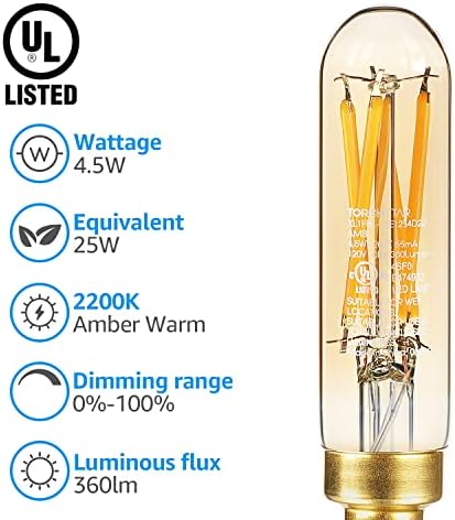 Bec LED TORCHSTAR Dimmable T6, listat UL, bec candelabru E12, 4,5 W, becuri Edison tubulare T25 pentru candelabru, aplice de perete, CRI90, sticlă caldă chihlimbar, 360lm, 2200K chihlimbar cald, pachet de 6