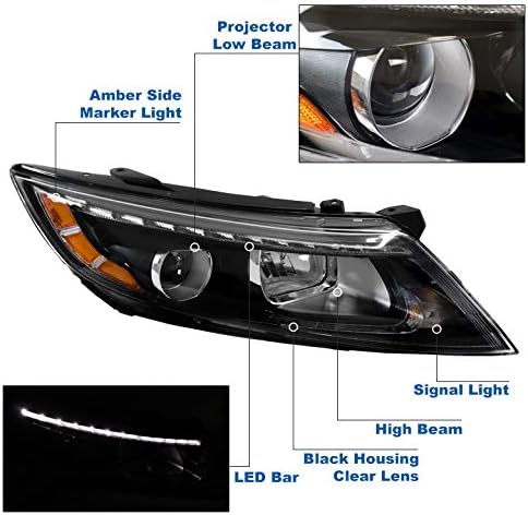 ZMAUTOPARTS LED tub proiector Far Far lampă negru partea pasagerului compatibil cu Kia Optima 2014-2015