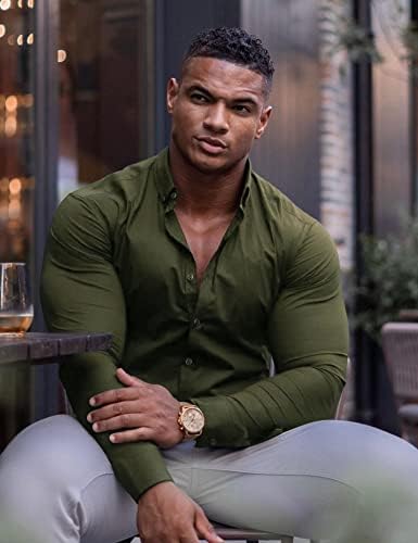 Cămăși de rochii musculare pentru bărbați Urru se potrivesc întindere lungă și cu mânecă scurtă cămașă cu buton casual în jos