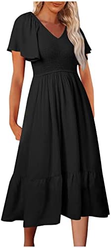 Culoare solidă pentru femei o rochie de linie 2023 Summer casual v gât cu mânecă cu volan rochie cu talie înaltă cu talie înaltă