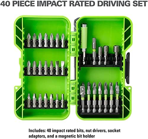 Set combinat de burghiu/șofer fără perii GreenWorks 24V + șofer de impact, cu set de biți de conducere evaluat la Impact din 40 de piese