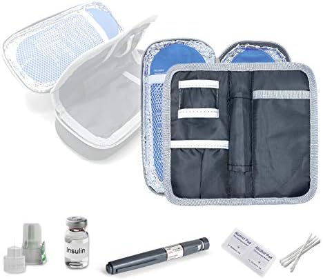 Carcasă de călătorie cu răcire cu insulină Organizator de medicamente diabetice Geantă de răcire izolată cu 2 pachete de gheață, căptușeală de izolare, karabiner și curea de umăr pentru a transporta ușor accesorii pentru diabet set de diacură