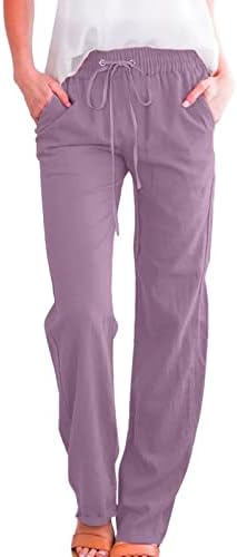 Vara Casual Bumbac lenjerie pantaloni pentru femei largi picior pantaloni cu buzunare Vrac se potrivi pur Culoare drept picior