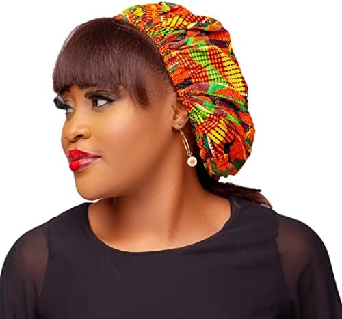 Womens Kente Cap, Ankara Bonnet for Women - African Print Silk Hair Cap pentru somn, împletituri, păr ondulat - designer cap