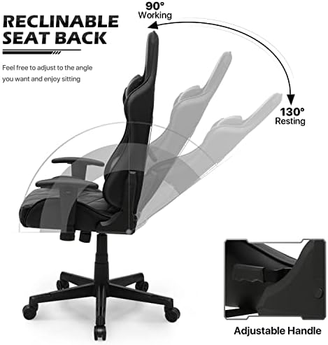 MoNiBloom PC Gaming Chair Racing Video Gamer Chair cu suport lombar reglabil și tetieră, piele PU rabatabilă scaun înalt de birou pentru Computer executiv și scaun pivotant Ergonomic, Negru