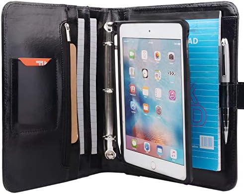 Portofoliu de liant din piele Xiaozhi cu suport pentru tablete detașabil, carcasă pentru organizator cu liant cu 3 inele pentru iPad Mini 5/Mini 4, negru, 9,8x9,8x7.3 in.